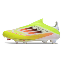 Chuteira Campo FG Adidas F50+ Elite Sem Cadarço Verde, Branca e Laranja