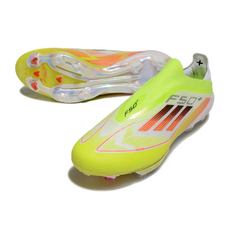 Chuteira Campo FG Adidas F50+ Elite Sem Cadarço Verde, Branca e Laranja