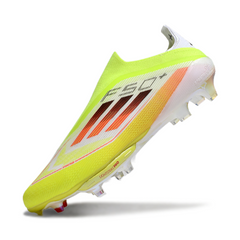 Chuteira Campo FG Adidas F50+ Elite Sem Cadarço Verde, Branca e Laranja