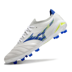 Chuteira Campo FG Mizuno Morelia Neo IV Elite Branca, Azul e Amarela