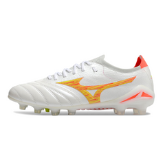Chuteira Campo FG Mizuno Morelia Neo IV Elite Branca Laranja e Amarela