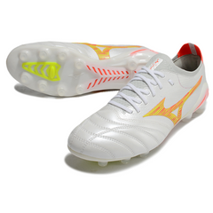 Chuteira Campo FG Mizuno Morelia Neo IV Elite Branca Laranja e Amarela