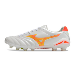 Chuteira Campo FG Mizuno Morelia Neo IV Pro Branca Laranja e Amarela