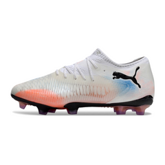 Chuteira Campo FG Puma Future 8 Cano Baixo Branca Laranja e Azul