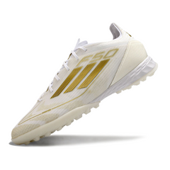 Chuteira Society TF Adidas F50 Elite Branca e Dourada