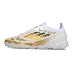 Chuteira Society TF Adidas F50 Elite Branca e Dourada