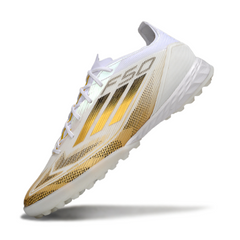 Chuteira Society TF Adidas F50 Elite Branca e Dourada