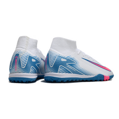 Chuteira Society TF Nike Zoom Mercurial Superfly 10 Elite Branca, Azul-Clara e Rosa