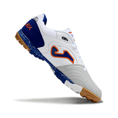 Chuteira Society TF Joma Top Flex Branca, Azul e Laranja