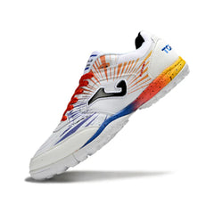 Chuteira Society TF Joma Top Flex Branca, Laranja e Azul