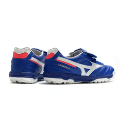 Chuteira Society TF Mizuno Morelia Sala Classic Azul e Branca e Vermelha