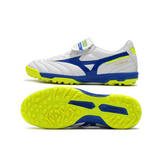 Chuteira Society TF Mizuno Morelia Sala Classic Branca, Azul e Amarela