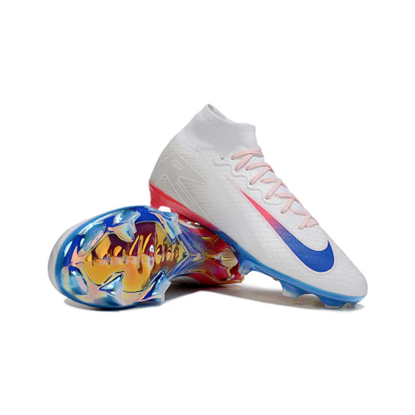 Chuteira Campo FG Nike Air Zoom Mercurial Superfly 10 Elite Branca, Laranja e Azul Infantil