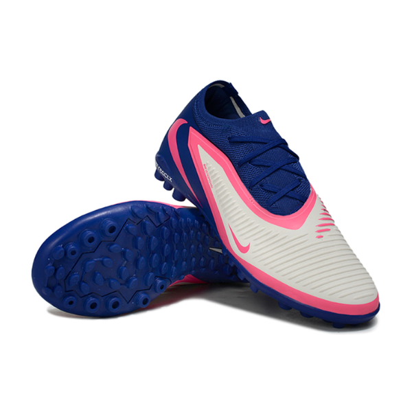 Chuteira Society TF Nike Phantom 6 Pro Azul, Branca e Rosa Infantil