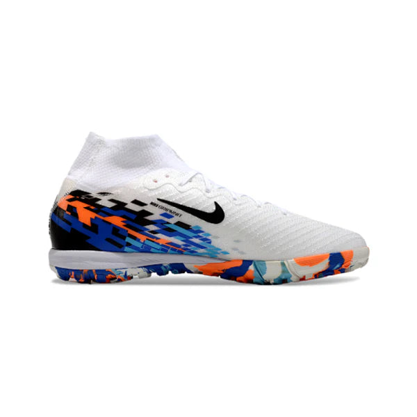 Chuteira Society TF Nike Zoom Mercurial Superfly 10 Elite Branca e Azul Turf Infantil