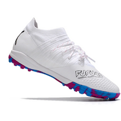 Chuteira Society TF Puma Future Z 1.3 Branca, Rosa e Azul