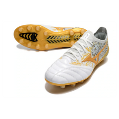 Chuteira Campo FG Mizuno Morelia Neo III Elite Sergio Ramos Branca Dourada and Preta