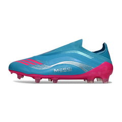 Chuteira Campo FG Adidas F50 Elite Sem Cadarço Messi Azul e Rosa