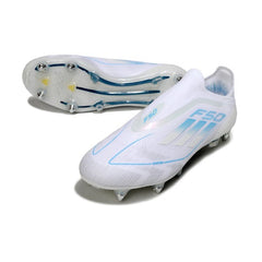 Chuteira Campo Molhado SG Adidas F50 Elite Sem Cadarço Branca e Azul-Clara