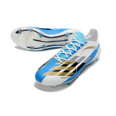 Chuteira Campo FG Adidas F50 Elite Branco, Azul e Dourado
