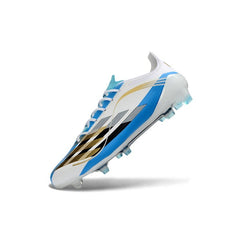 Chuteira Campo FG Adidas F50 Elite Branco, Azul e Dourado