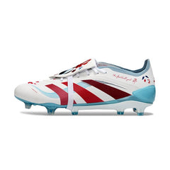 Chuteira Campo FG Adidas Predator 25 Elite Branca, Azul-Clara e Vermelha-Escura