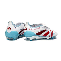 Chuteira Campo FG Adidas Predator 25 Elite Branca, Azul-Clara e Vermelha-Escura