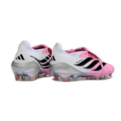 Chuteira Campo FG Adidas Predator 26 Elite Com Língua Rosa, Preta e Branca