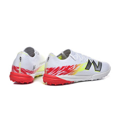 Chuteira Society TF New Balance Furon V8 Elite Branca, Amarela e Vermelha
