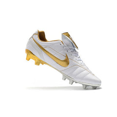 Chuteira Campo FG Nike Tiempo 7 R10 Elite Branca e Dourada