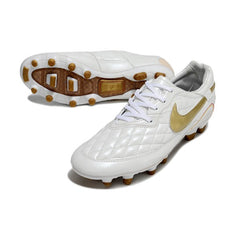 Chuteira Campo FG Nike Tiempo R10 Legend Elite Branca e Dourada