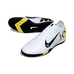 Chuteira Society TF Nike Zoom Mercurial Vapor 16 Elite Pack Mbappe Branca e Amarela